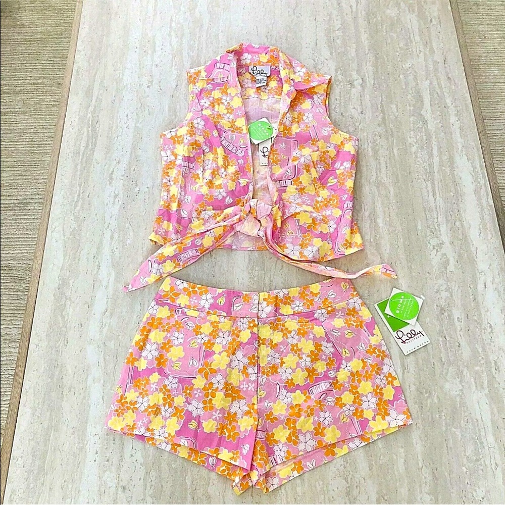 Vintage Lilly Pulitzer Fiesta Pink Night Lights Shorts Top Set Size 6